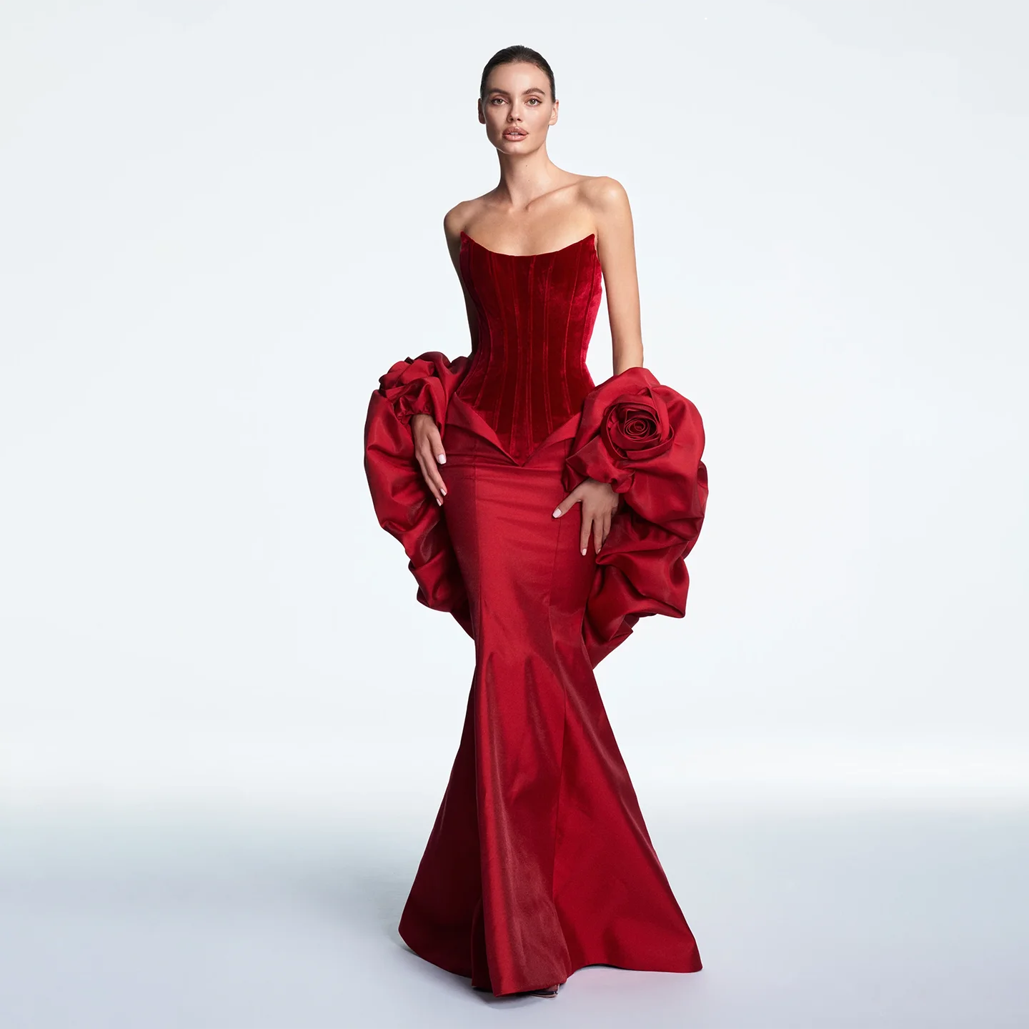

Sharon Said Elegant Wine Red Mermaid Evening Dress With Cape 3D Flowers Ruffles Satin Women Wedding Party Gowns SF200 Customized