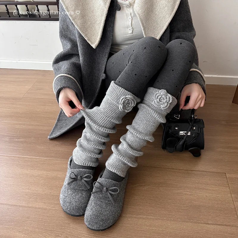 

Japanese Knitted Rose Flower Leg Warmers Y2K Women Winter Warm Thickened Long Calf Socks Knee Pilates Yoga Socks JK Leg Covers