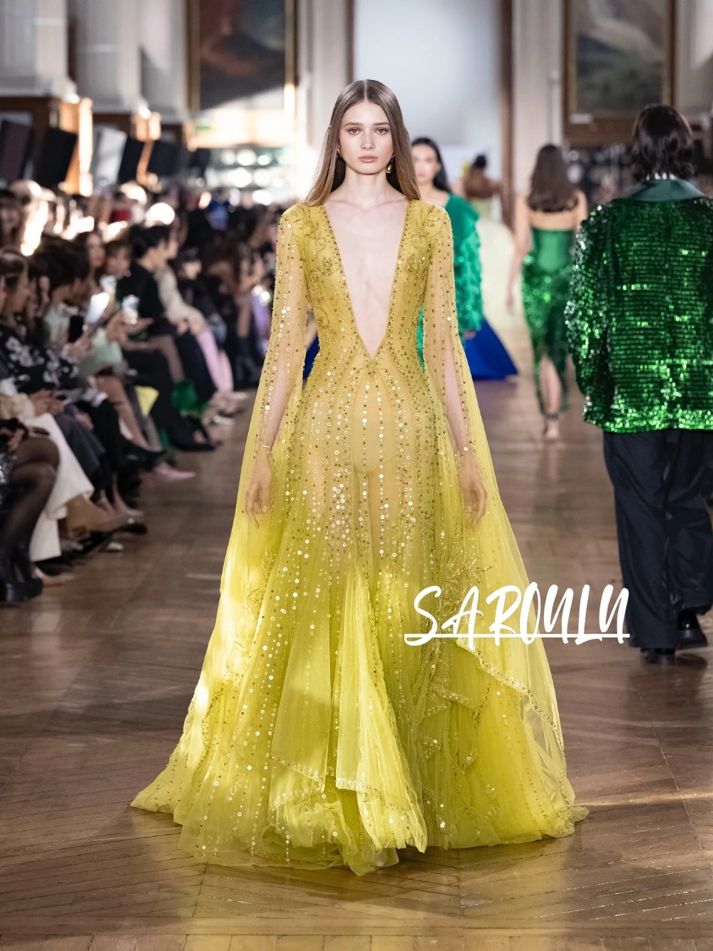 

Bright Yellow Sexy Deep V Neck Sequin Evening Gown Sheer Long Sleeve Flowy A Line Maxi Formal Party Prom Wedding Guest Gown
