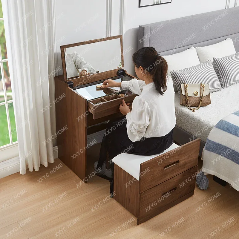 JYGWooden Hidden Vanity Table Dest Bedroom Brown Vintage Mirror Makeup Vanity Desk Space Saving Coiffeuse Avec Miroir Furniture