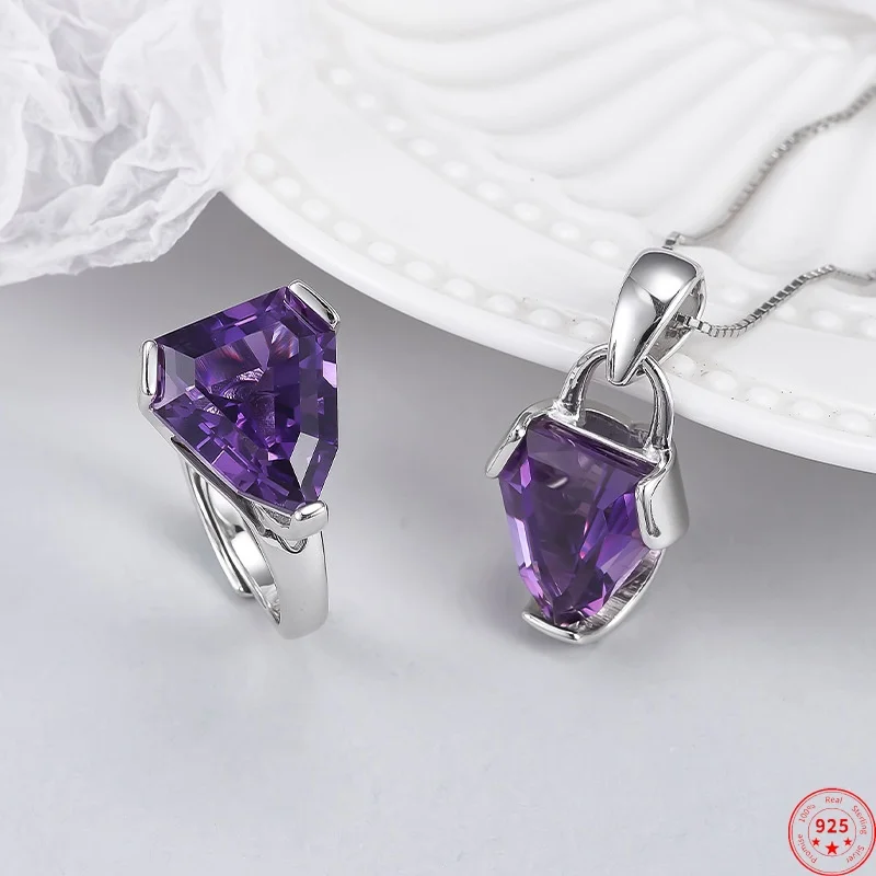 

Комплект ювелирных изделий из стерлингового серебра 925 пробы для женщин, геометрический узор, спутывающий самолет, кулон с аметистом, кольцо, модные ювелирные изделия, оптовая продажа