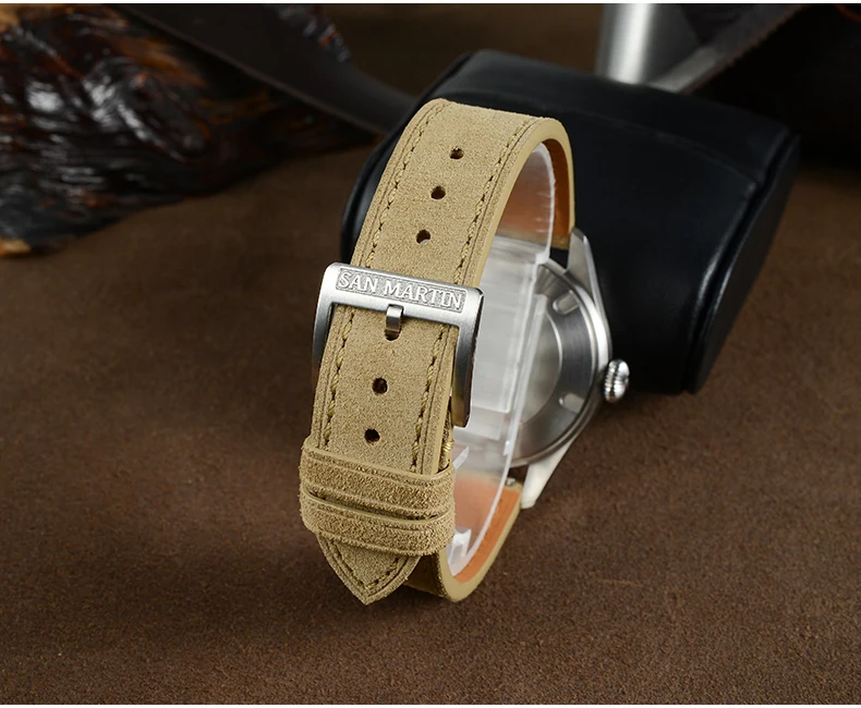 San Martin Men Automatic Watch 39.5mm Mechanical Wristwatch Carved Coin Bezel Sapphire 100M Waterproof YN55 Quick Release Strap view 6