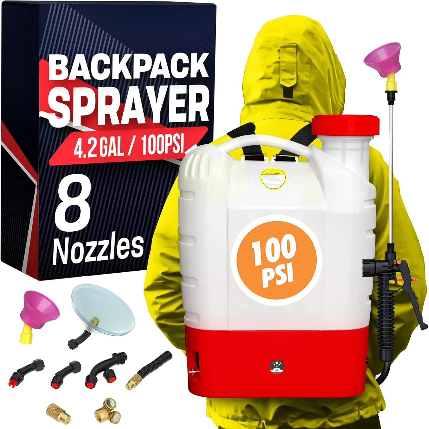 

4.2 Gallon Battery Powered Backpack Sprayer - 8 Nozzles 100PSI Cutoff Pressure Long Battery Life Wide Mouth High-Pressure Spray