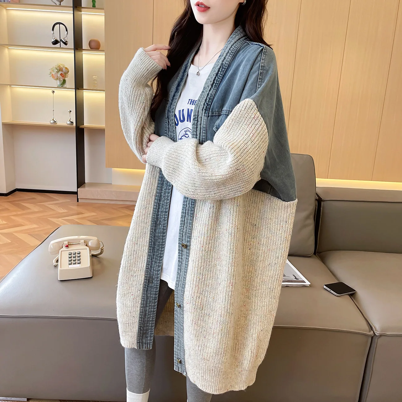 

Women Cardigan Sweaters Mid Length Coats Full Sleeve Denim Splice Y2k Streetwear Elegant Jackets Knit Open Stith Autumn Winter