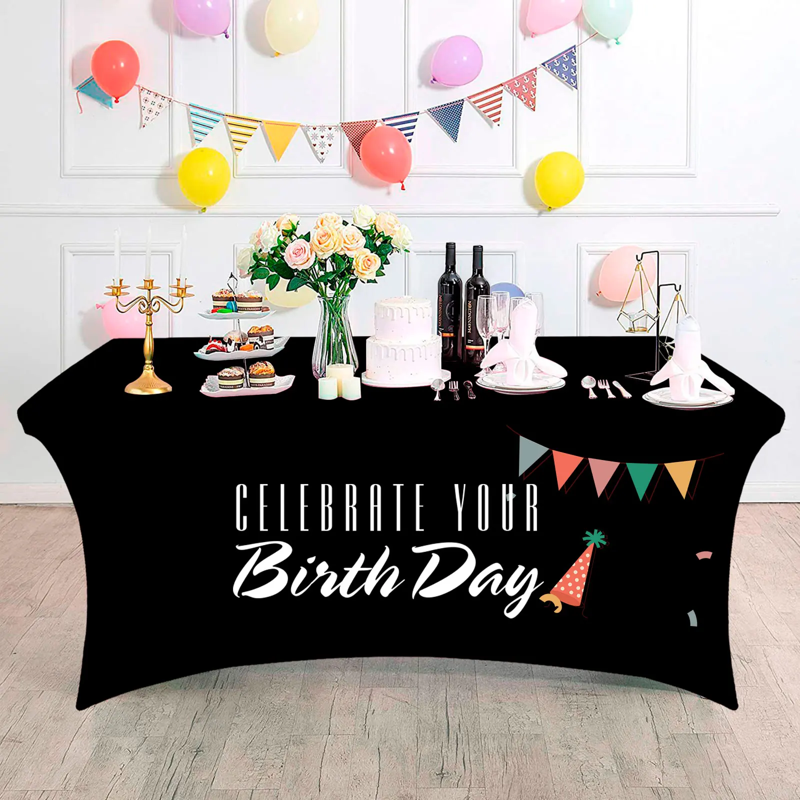Custom stretch rectangular tablecloth with commercial logo for 4ft/6ft/8ft home table for holiday birthday party tablecloth