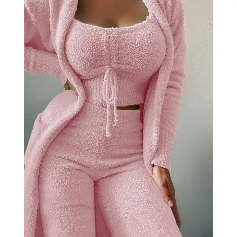 Women's Plush Three Piece Set Lace up Pajama Set Comfortable Home Clothes Couple Matching Sleepwear Soft Polyester Fabric