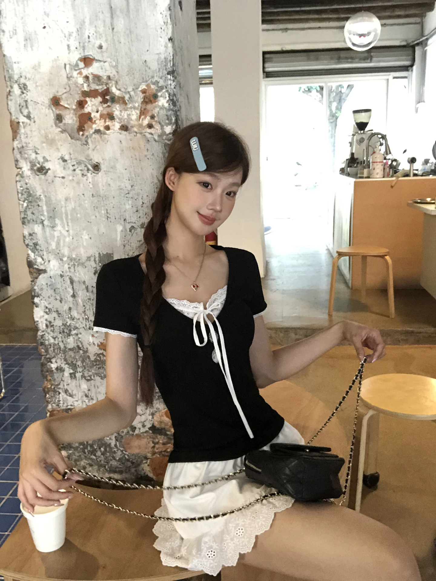 

Футболка ort Sve, женская футболка с кружевным дизайном, летний топ длиной до плеч, искусственный комплект из двух предметов, повседневная мода для поездок на работу