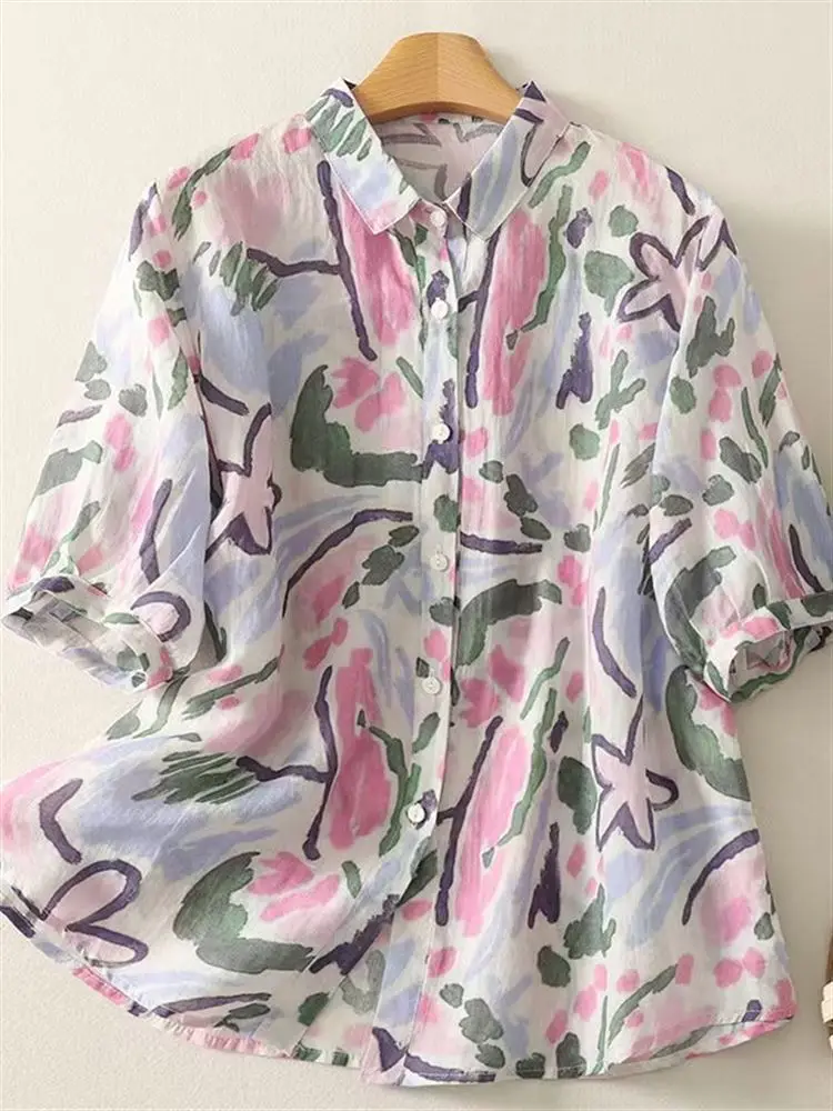 Retro Print Cotton Linen ort Sve irt Women's Loose Fit Summer Slimming Large Size Casual Busin Office Wear