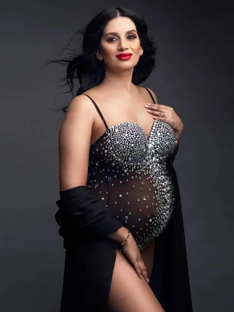 

Pearls Stretch Spandex Pregnant Women Jumpsuit For Photo Shoot Props Luxurious Maternity Photography Bodysuit Rhinestones