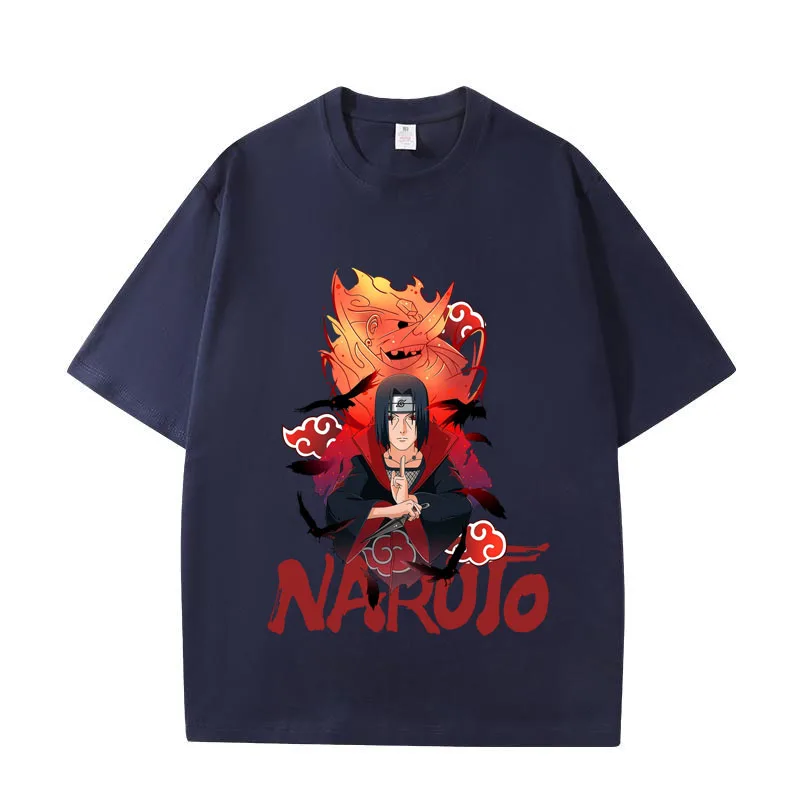 Cartoon Anime Naruto Shippuden Cotton T-Shirt Naruto Sasuke Kanji Collage Anime T-Shirt Summer Casual Printed Top