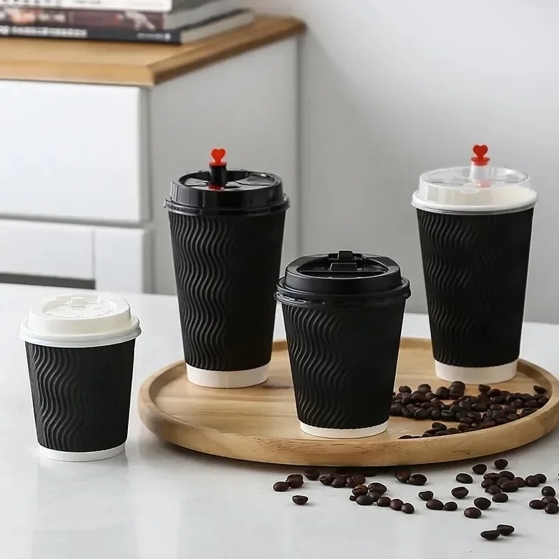 Vasos de papel desechables para café con tapa, pajitas, tazas corrugadas de té concentradas para proteger los dedos para fiesta en casa y cocina