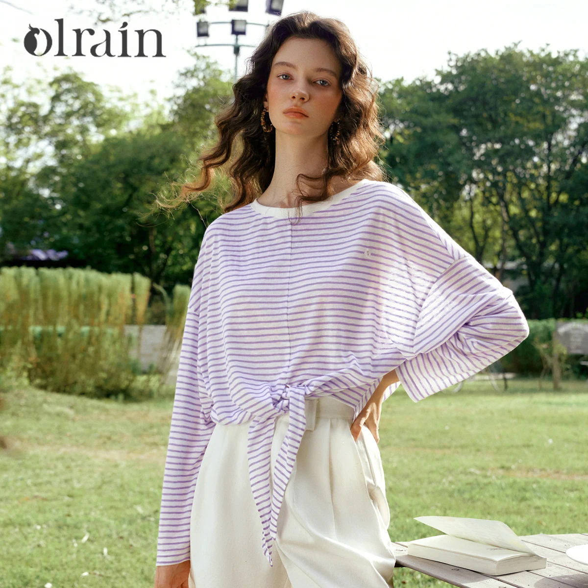 OLrain Women Fresh Purple Striped Long Sleeve T-shirt Spring 2026 New Round Neck Waist Tie Knot Hem Loose Casual Top O58CT003395