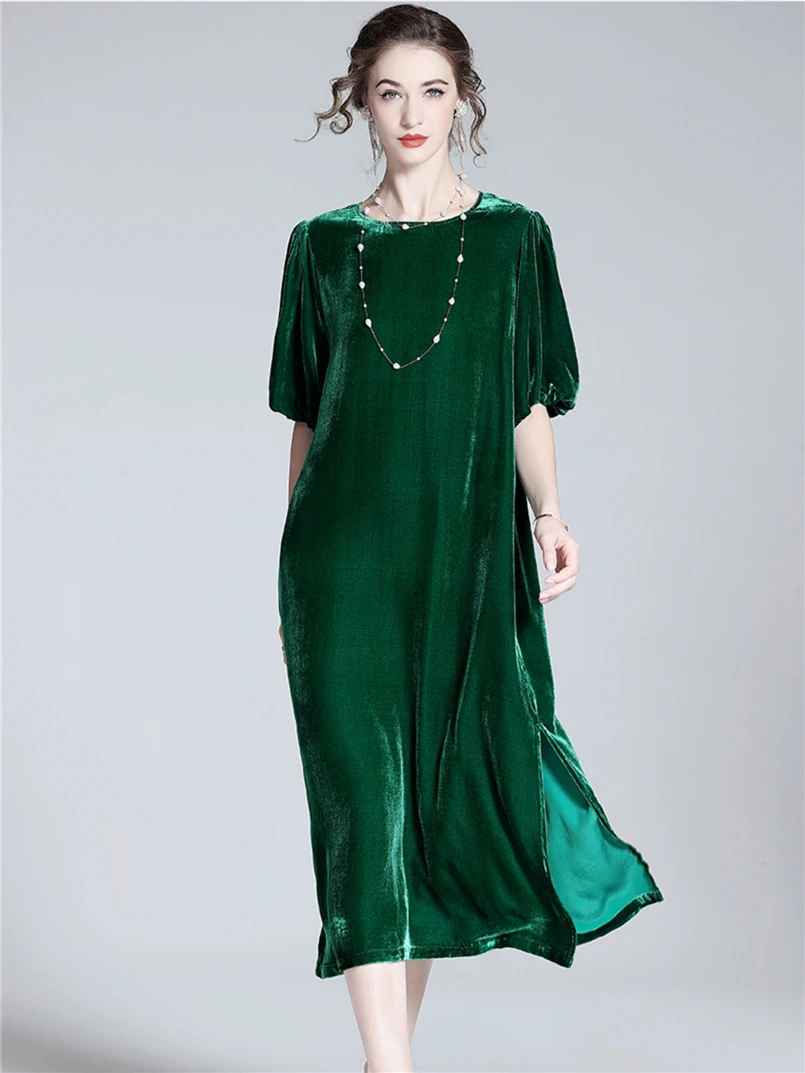 Vestido largo informal de terciopelo Vintage para mujer, vestido holgado de talla grande con cuello redondo y media manga acampanada, Vestidos de fiesta de noche con abertura lateral