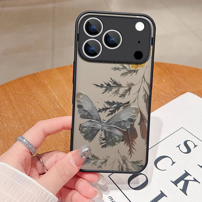 

Противоударный матовый чехол для телефона iPhone 17 Air 16e 16 15 14 Pro Max 13 12 17 Pro Max 11 Серый жесткий чехол с принтом бабочки из ПК