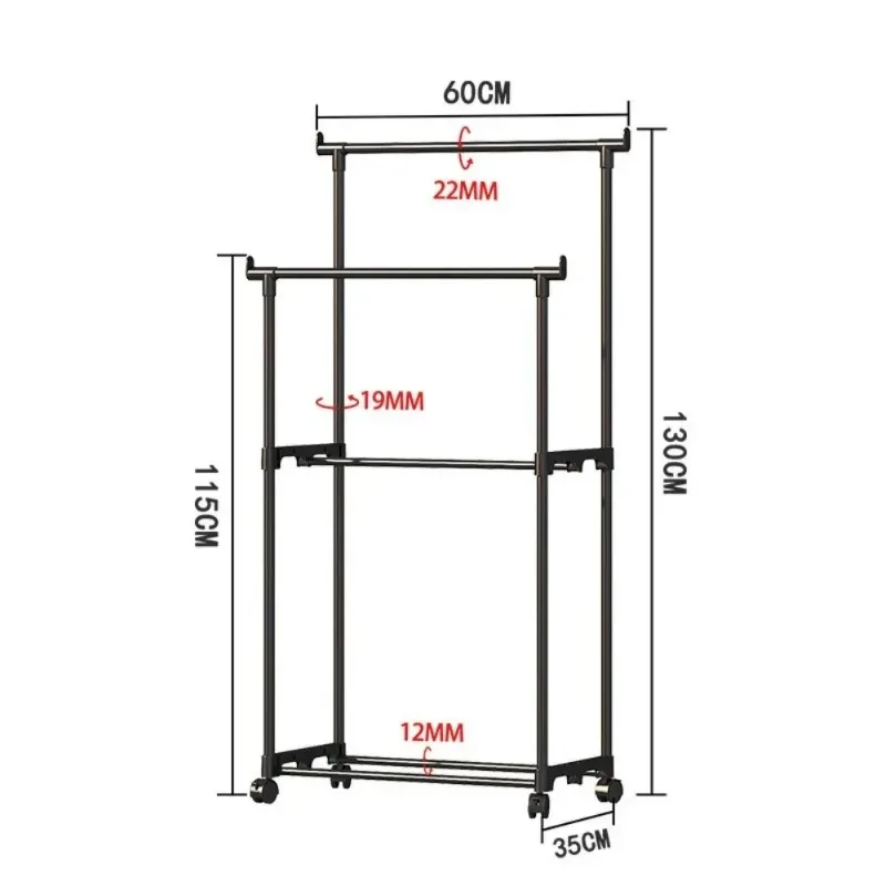 Versatile Coat Racks Multifunctional Double Rod Movable Clothing Rack With Wheel Portable Multifunctional Bedroom Clothes Rack