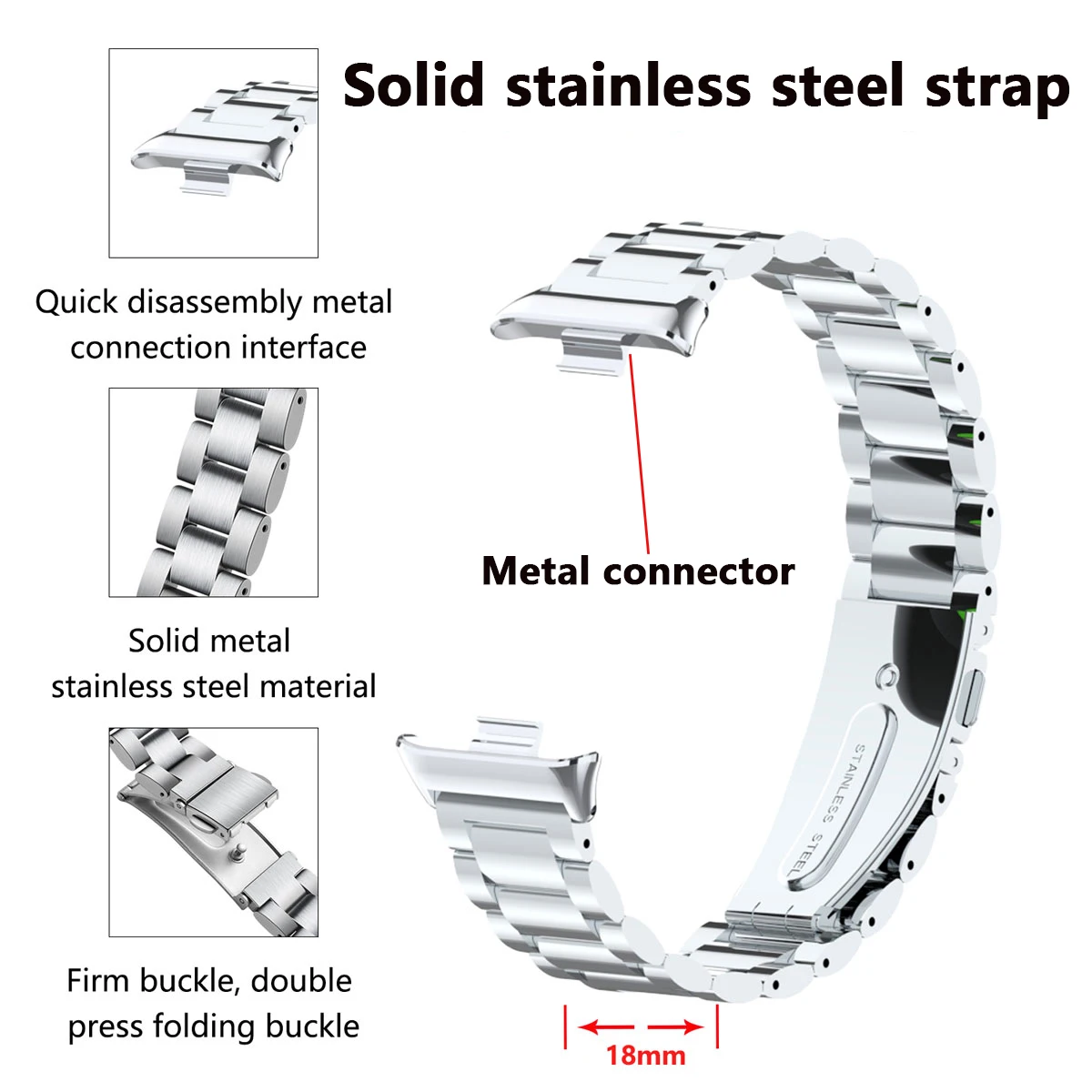 Three Bead Stainless Steel Strap For Xiaomi Band 10 Pro 9 Pro 8 Pro Solid Metal Link Adjustable Fold Buckle Watch Wrist Band