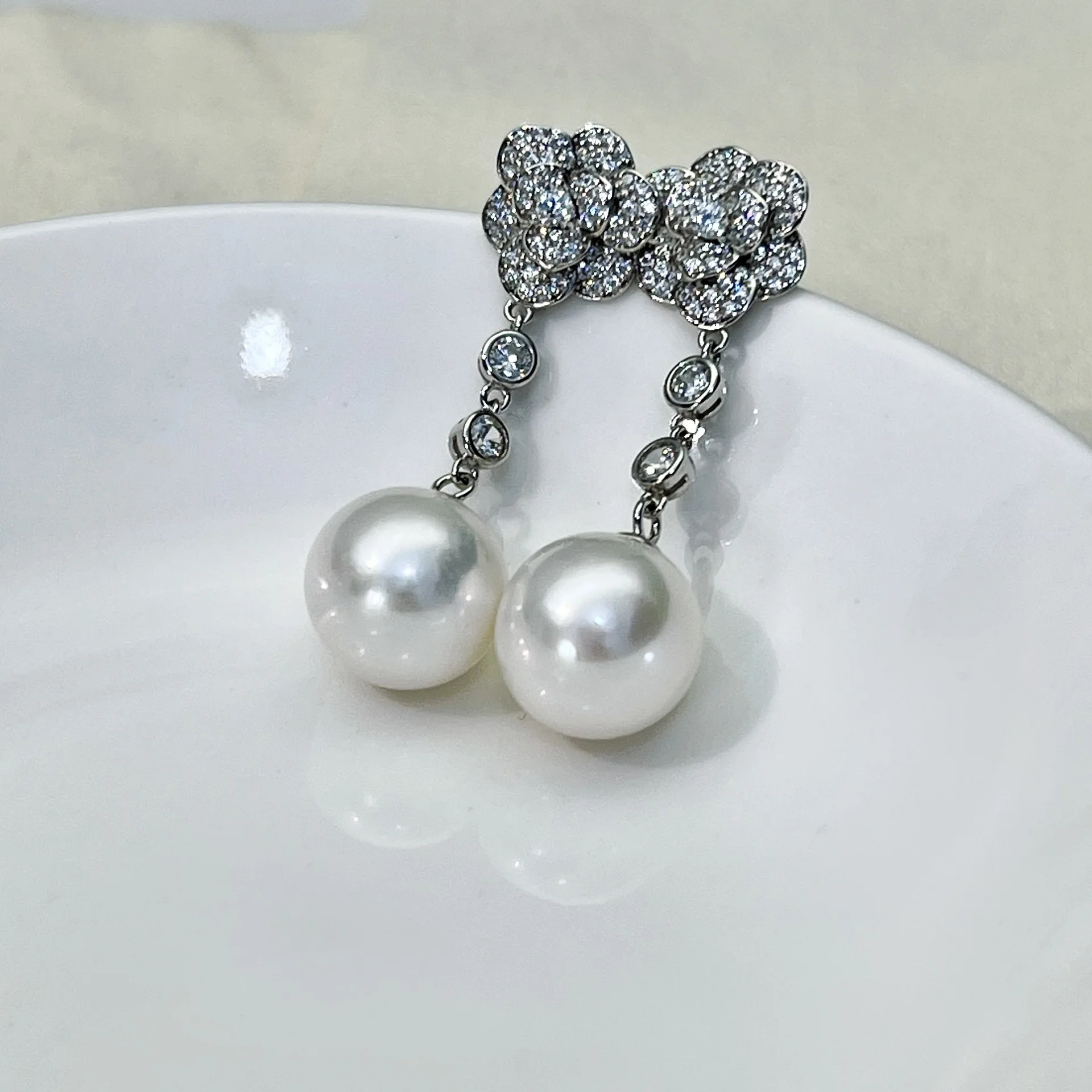 Natural Freshwater Pearl Drop Earrings 12-13mm Round S925 Silver with CZ Pave Camellia Flower Setting Elegant Wedding Earrings