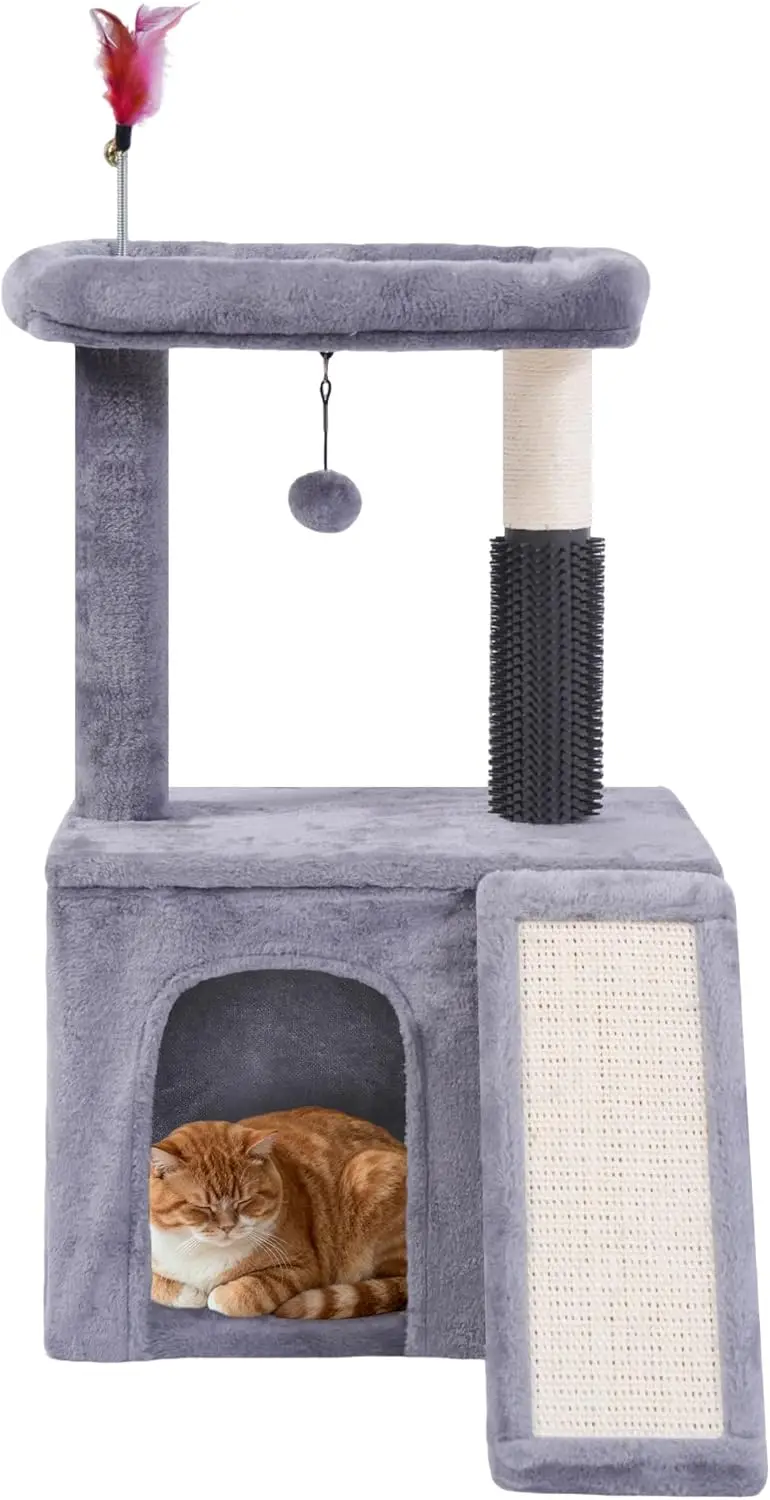 

Cat Tree with Self-Grooming Brush and Interactive Toys, Cat Tree Tower for Indoor Cats, Cat Tower with Sisal Scratching
