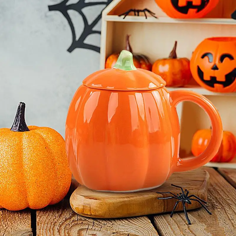 

Halloween Pumpkin Cup Creative Ceramic Tea Cup Coffee Cup Cute Pumpkin Breakfast Cup Milk Cup with Lid for Home Kitchen Coffee