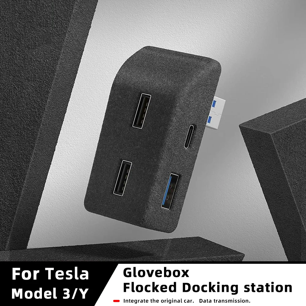 Glove Box Docking Station For Tesla Model Y Model 3 Quick Charger 4 USB Shunt Hub Flocking Adapter Powered Splitter Extension