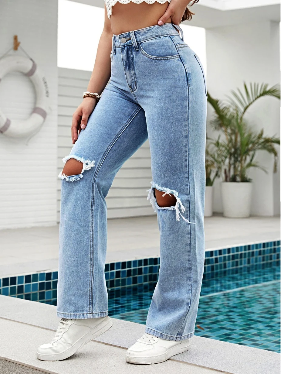 패셔너블한 여성을 위한 배기진! 하이웨이스트 루즈핏 데미지 진, 더블 데미지 디테일로 시선을 사로잡는 스타일