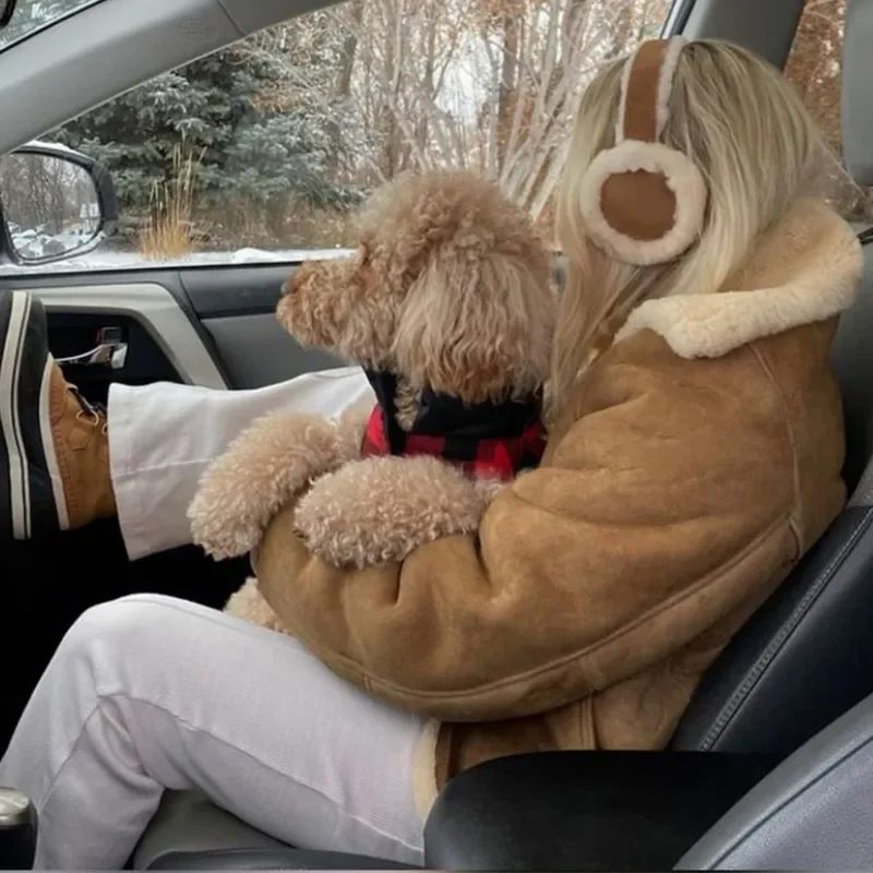 Orejeras de felpa de lana, calentadores de orejas para mujer, nueva moda de color caqui, orejeras de piel de oveja para invierno, auriculares cálidos, funda para mujer