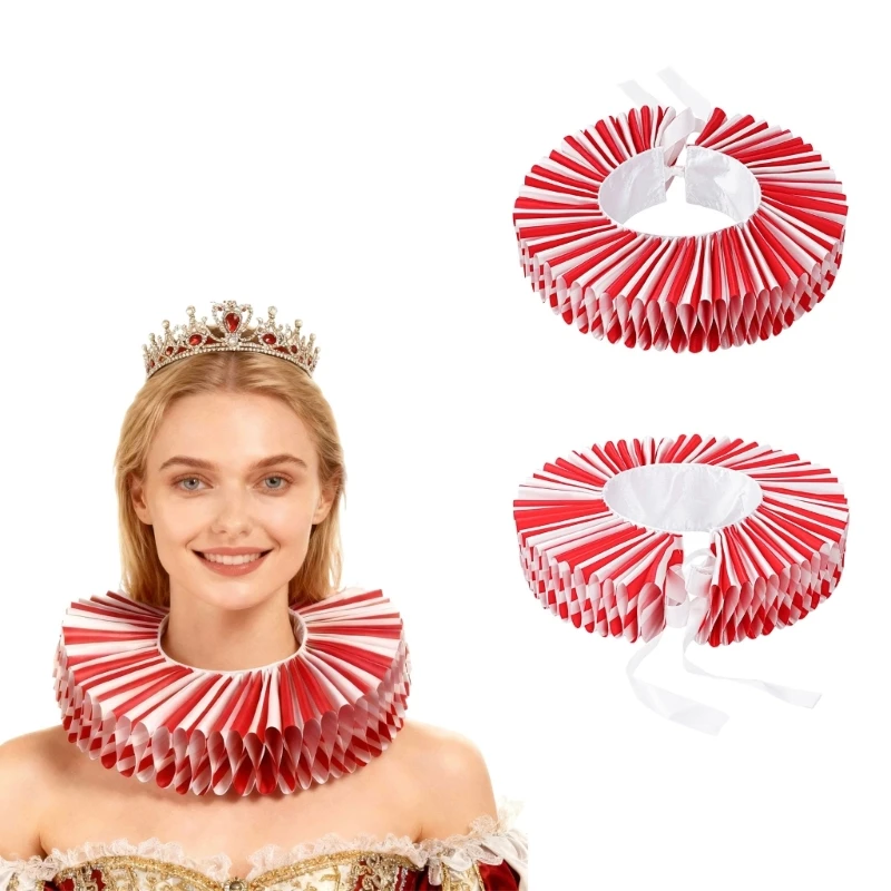 Pleated Costume Collar Accessory with Hook and Loop Closure for Party Wear, Stage Use and Red White Costume Styling