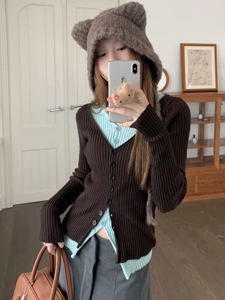 ADAgirl Y2K Brown and Mint Green Fake Two Pieces Knitwear Slim Button Up Cardigan Autumn Winter Ribbed Sweater Women Korean Chic