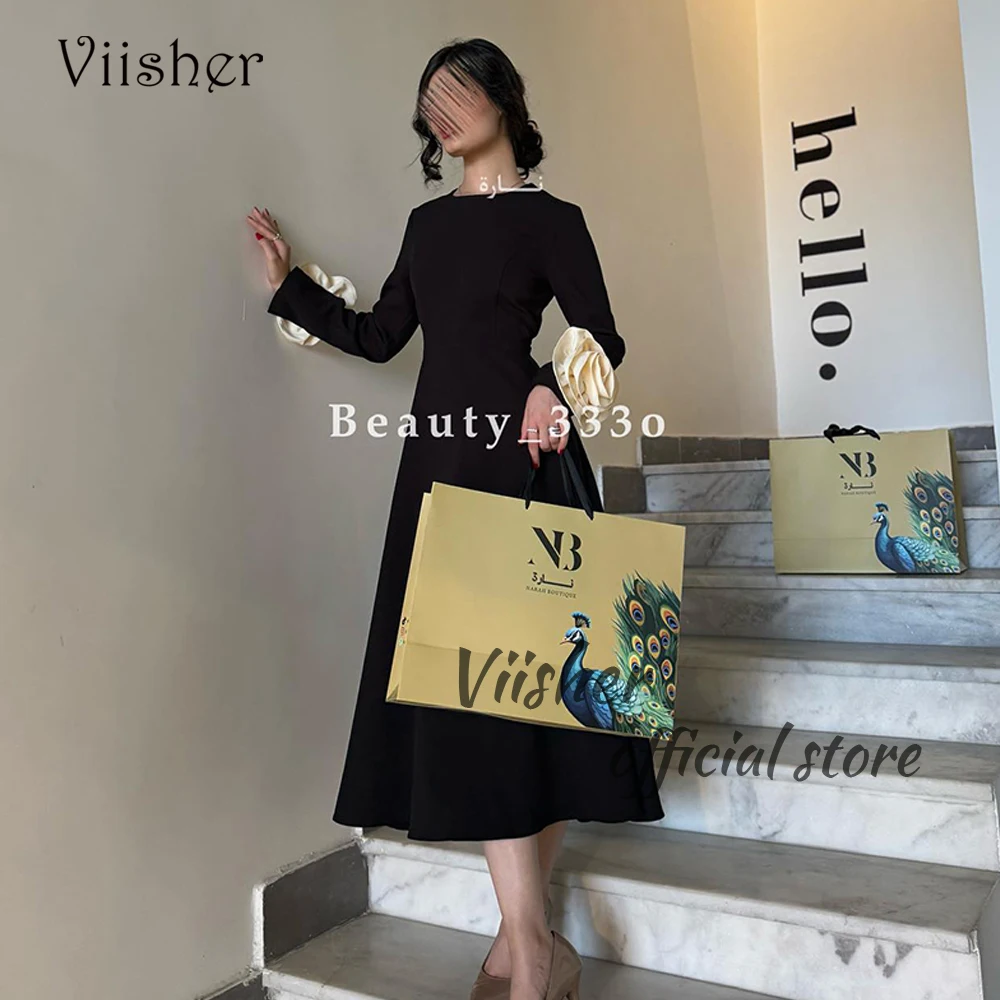 

Viisher Black Evening Dresses Long Sleeve O Neck Prom Dress with Flower Arabian Dubai Formal Occasion Gowns Tea Length