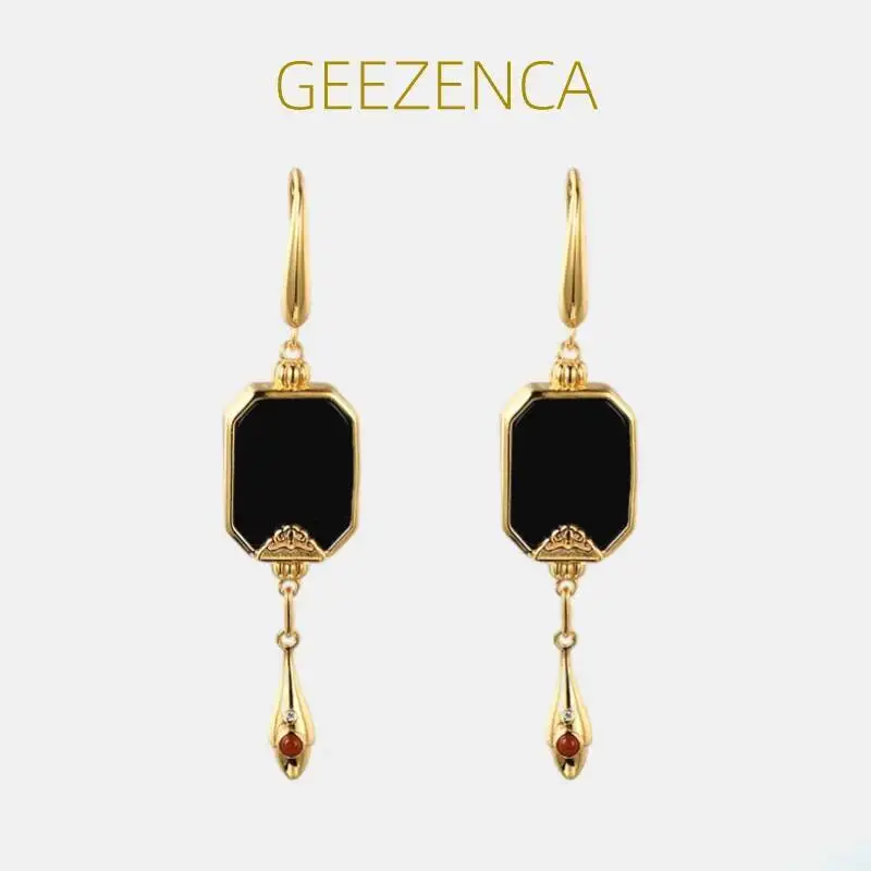 

GEEZENCA 925 Sterling Silver Black Agate Women's Earrings Ethnic Gold Plated Long Dangle Face-framing Earring 2023 New Gift