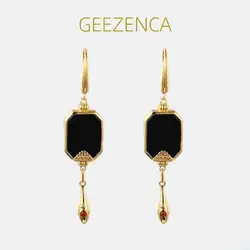 GEEZENCA-pendientes de plata de ley 925 con ágata negra para mujer, aretes étnicos chapados en oro, aretes largos con marco facial, regalo 2023