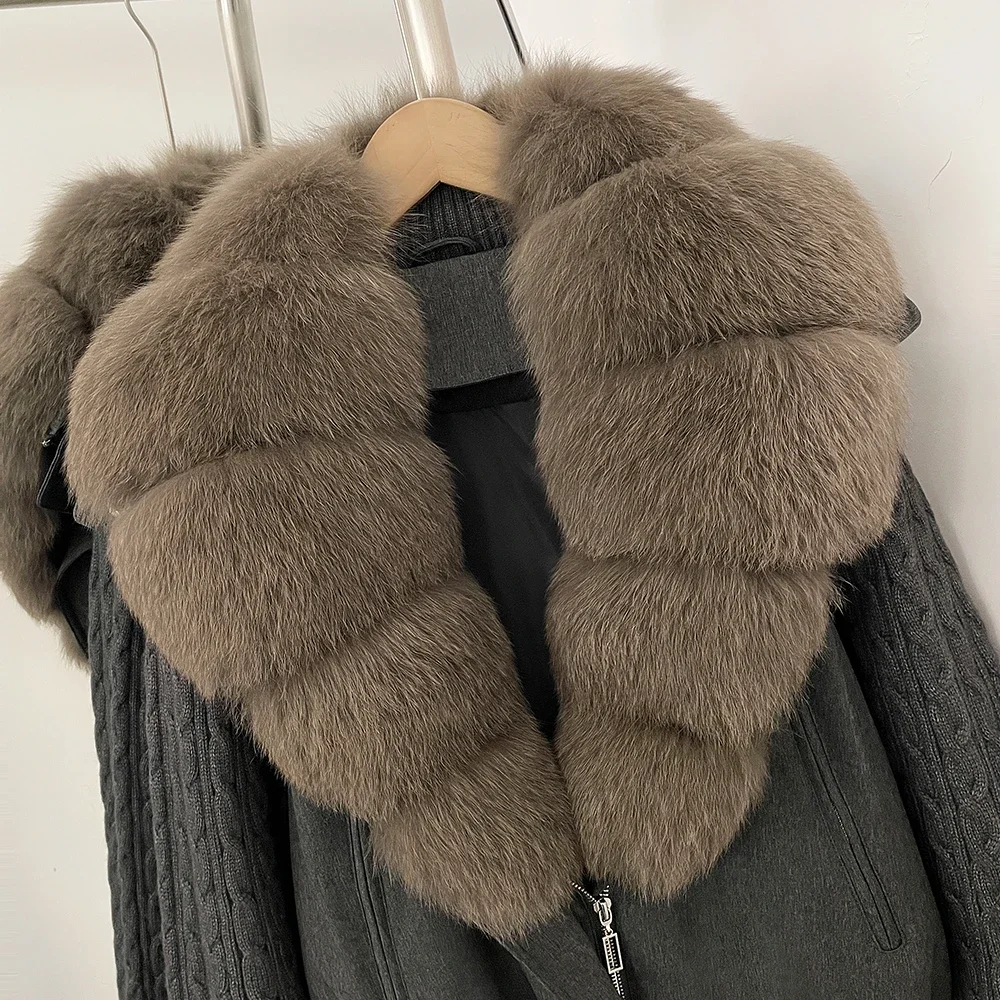 OFTBUY Damen-Pufferjacke mit abnehmbaren Strickärmeln, leichte Daunenjacke mit echtem Fuchspelzkragen, neue Winterkleidung für Damen – Detail 6