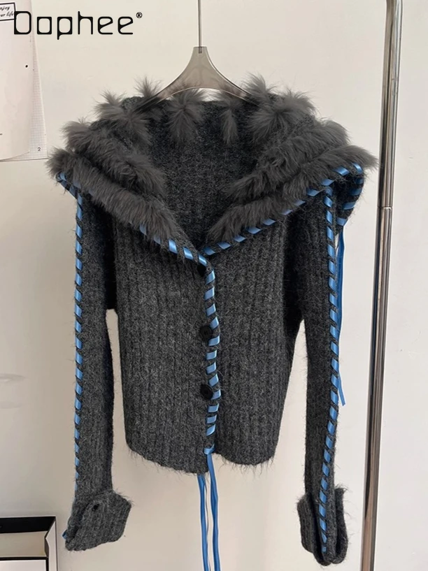 

Simple Fashion Light Luxury Fox Fur Coat Sweet Navy Collar Single-Breasted Loose Slimming Knitted Cardigan Women Winter New