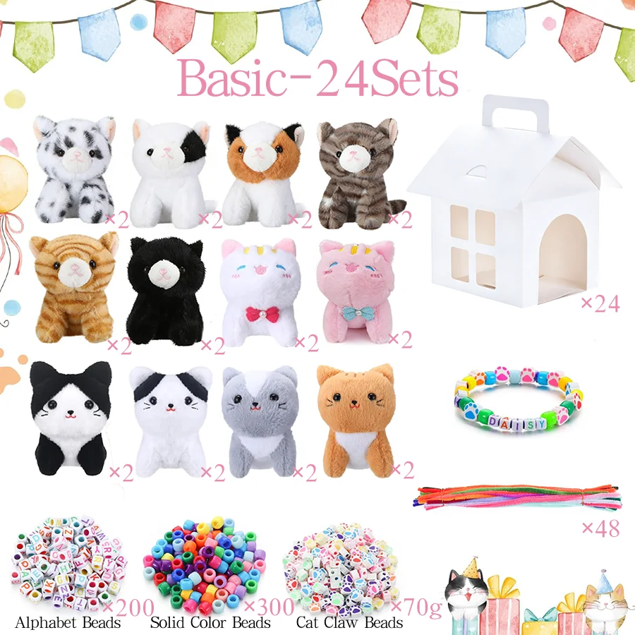 12-24 Sets DIY Adopt A Cat Party-Geschenke: Selbstgemachtes Katzen-Plüschtier mit Hausperlen-Halskette für Geburtstagsfeiern