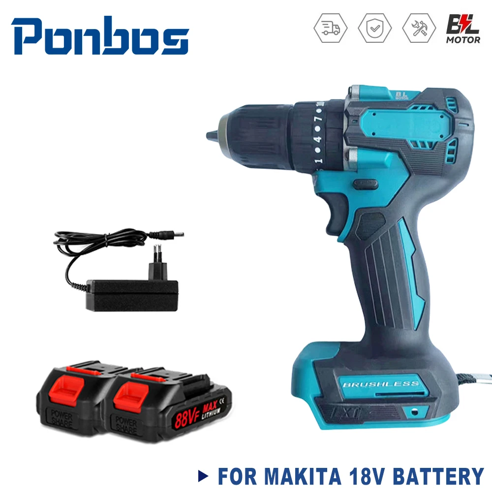 13mm 35+3 Torque Variable Speed Handheld Chuck Brushless Hammer Impact Drill Cordless Power Tools For Makita 18V Battery