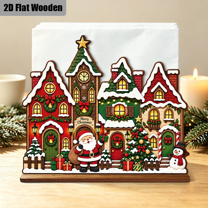 Wooden Christmas Napkin Holder Set Village Houses Design with Snow Roof Santa & Snowman 2D Flat Decor for Farmhouse
