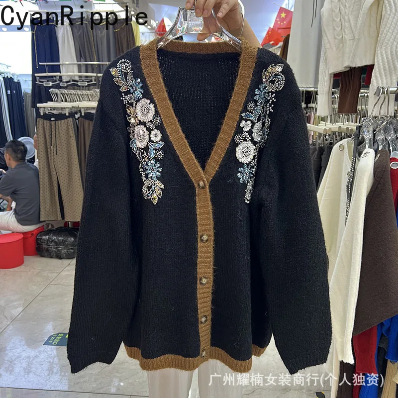 Fashion Autumn Winter Lazy Wind Loose Cardigans Top Colorblock V-neck Single-breasted Beads Flowers Long Sleeve Knitted Sweater