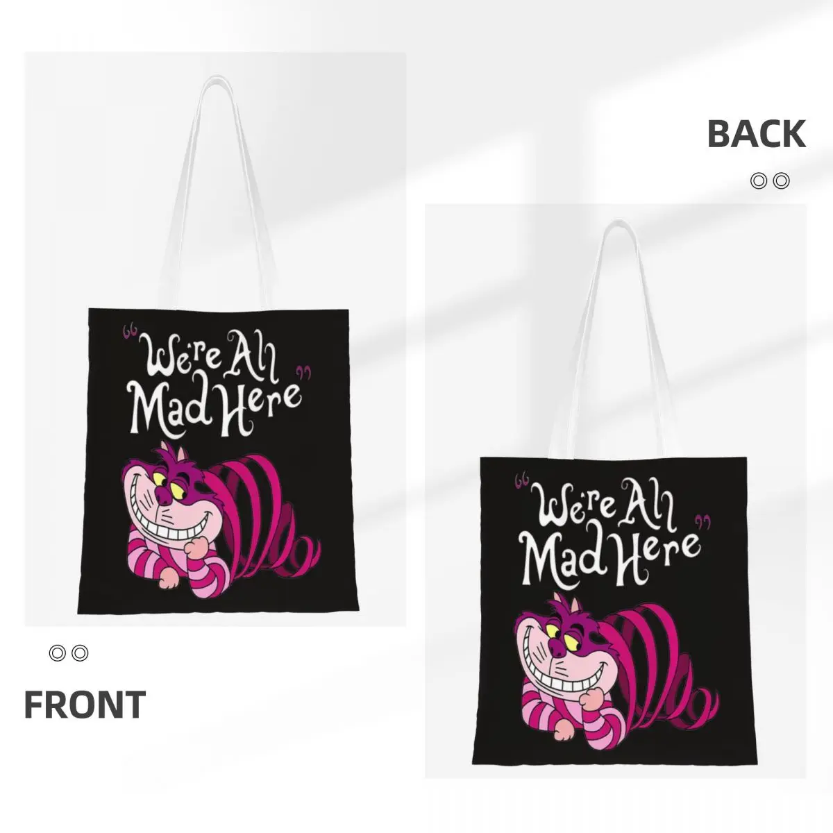 Custom Cheshire Cat We're All Mad Here Grocery Shopping Tote Bags Women Cute Canvas Shoulder Shopper Bag Big Capacity Handbags