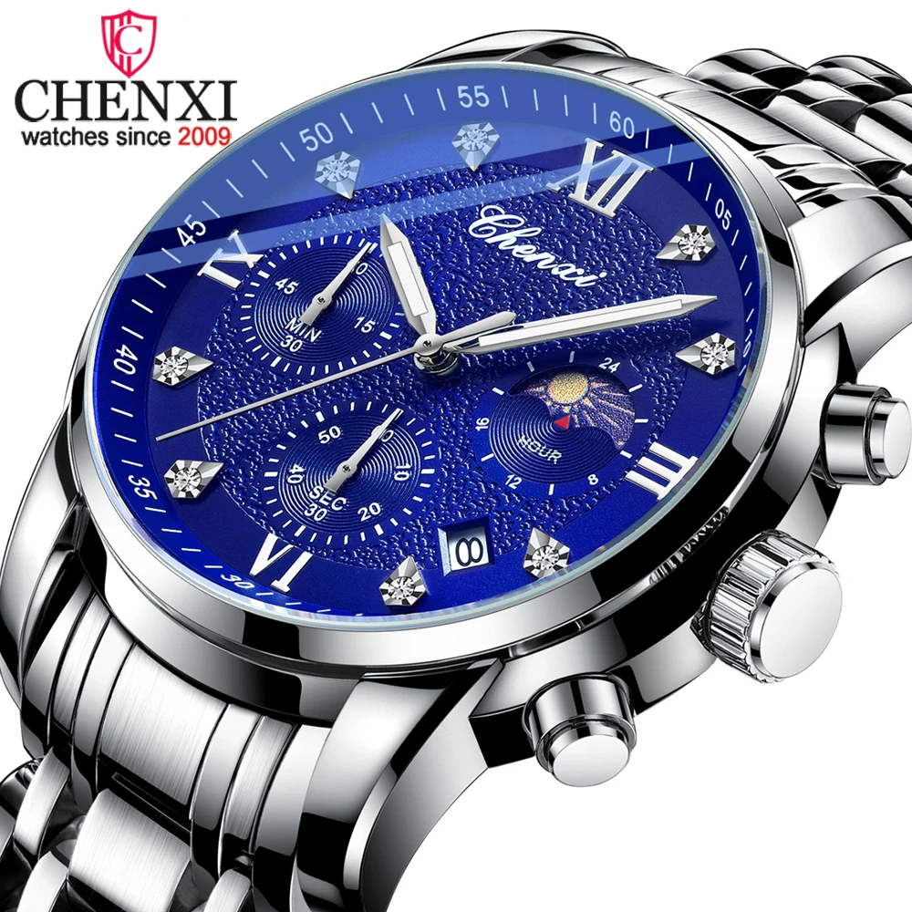 CHENXI Fashion New Watch Men Luxury Stainless Steel Quartz Wristwatch Mens Waterproof Sport Watches Moon Phase Function Clock