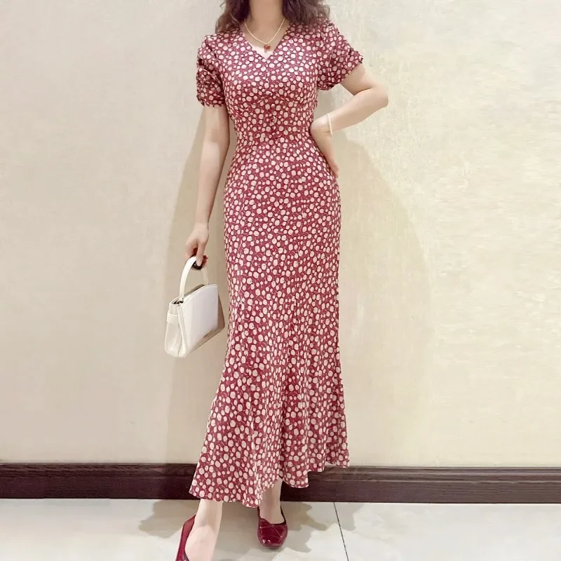 

Print V-Neck Puff Sleeve Vestidos Cherry Dress Summer 2025 New Japan Dresses Sweet High Waist Vestido Zipper Ropa Mujer