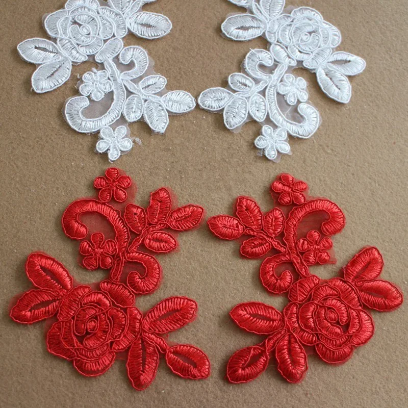 Applique in pizzo ricamato, bianco reale e rosso, accessori in pizzo fai da te, vendita calda, 10.5x8.5cm, 5 paia, 10 pezzi