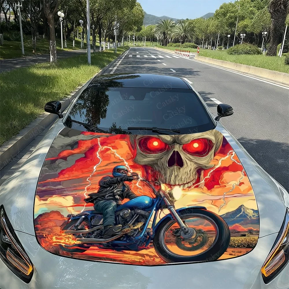 Skull Red Eyes Rider Car Hood Sticker PVC Self Waterproof Stick, Striking Auto Exterior Accessories Decor Protect Gift for Lover