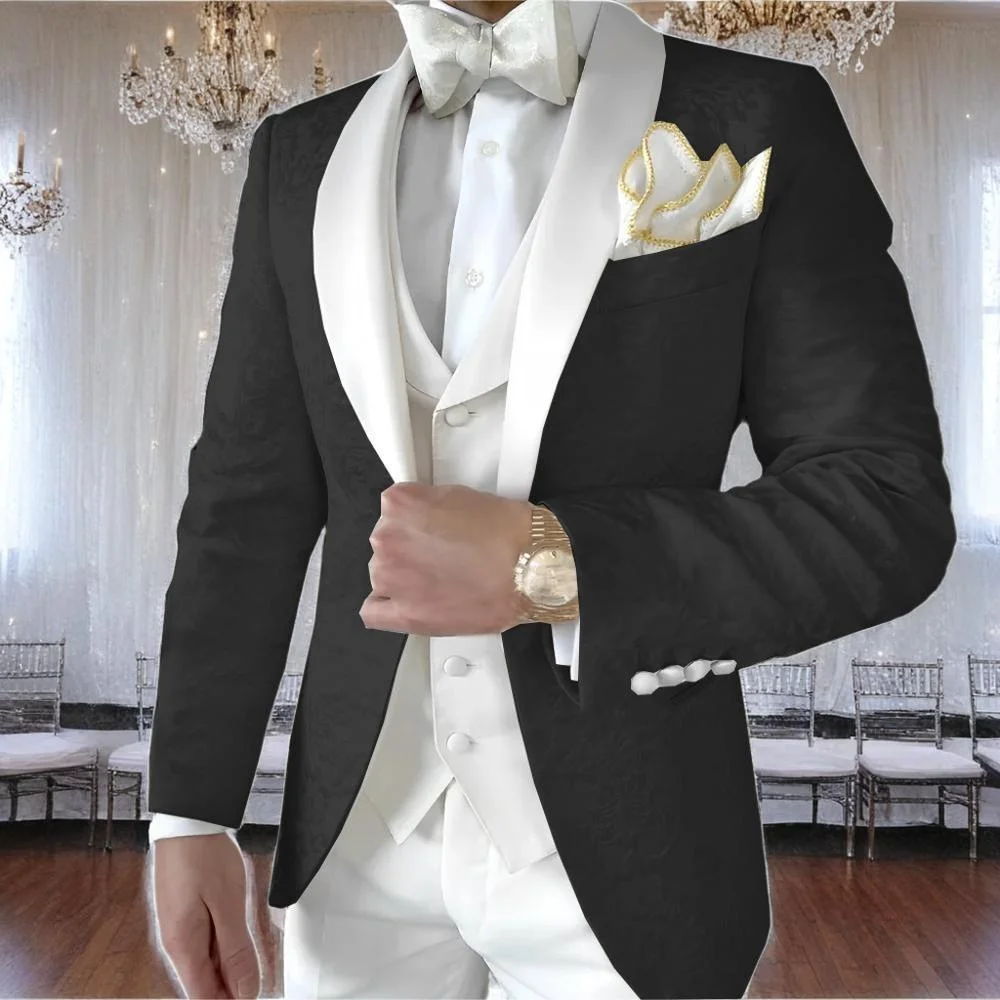

Wedding Suits For Men Black Floral Shawl Lapel Jacket White Vest Pants Groom Formal Tuxedo Slim Fit Men Suits Set 3 Pieces