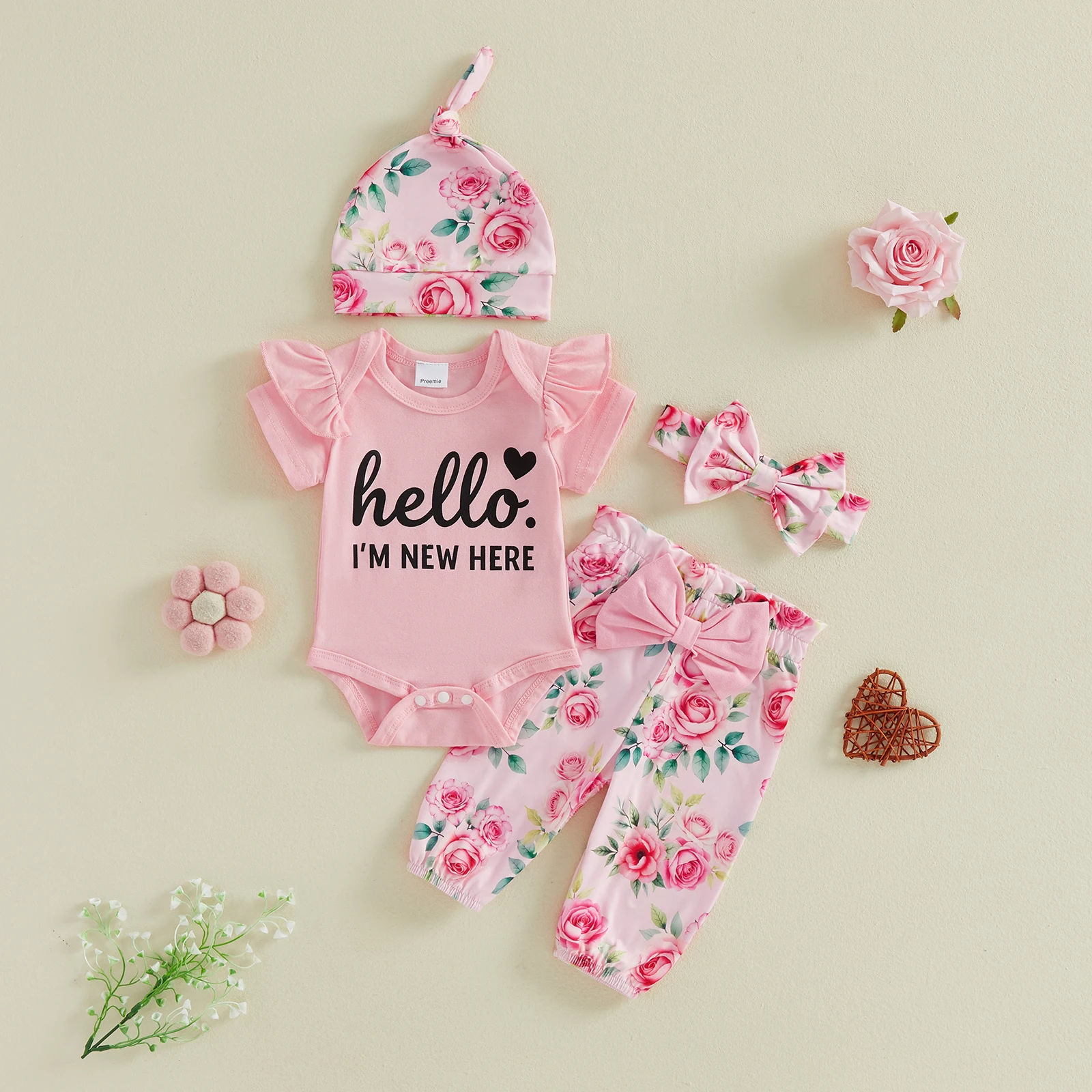 

Toddler Girl Sleeveless Romper with Bow Ruffle Shorts Matching Headband Sandals Set Summer Outfit for Baby Girl