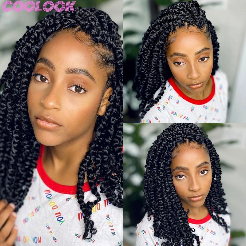 Peruca Trançada Full Lace Box para Mulheres Africanas, Tranças Pretas Bouncy, Peruca com Plait Jumbo, Trança Sintética Frontal Twist, 12"