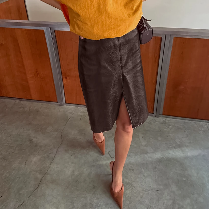 Linad Street Chic Brown PU Split Skirts Women 2026 Fashion Slim High Waist Straight Skirts Casual Knee Length Skirt Female Fall