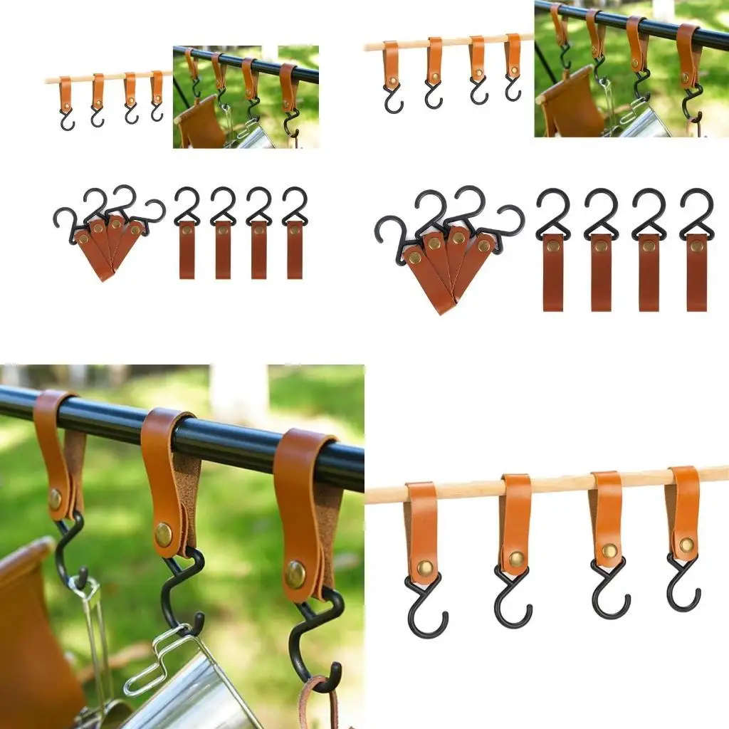 

Y1UC 4Pcs Leather Belt with Hook Campings Hook Hanger Strollers Hook Easily to Use