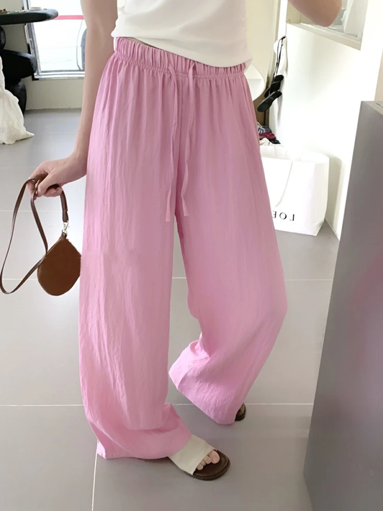 Summer 2025 Wide Leg Pants Elastic Waist Dstring Casual Lazy Sle Versatile Slimming Loose Fit High Waist Knitted Polyester