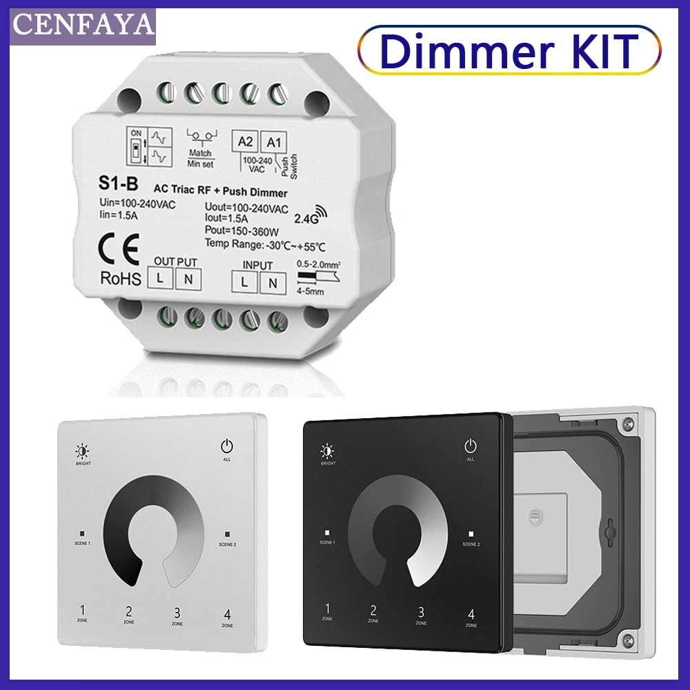 Wireless AC Triac LED Dimmer Controller Light KIT 110V 220V 230V RF 2.4G Remote 4 Zone Dimming touch Switch  for LED Indoor Lamp