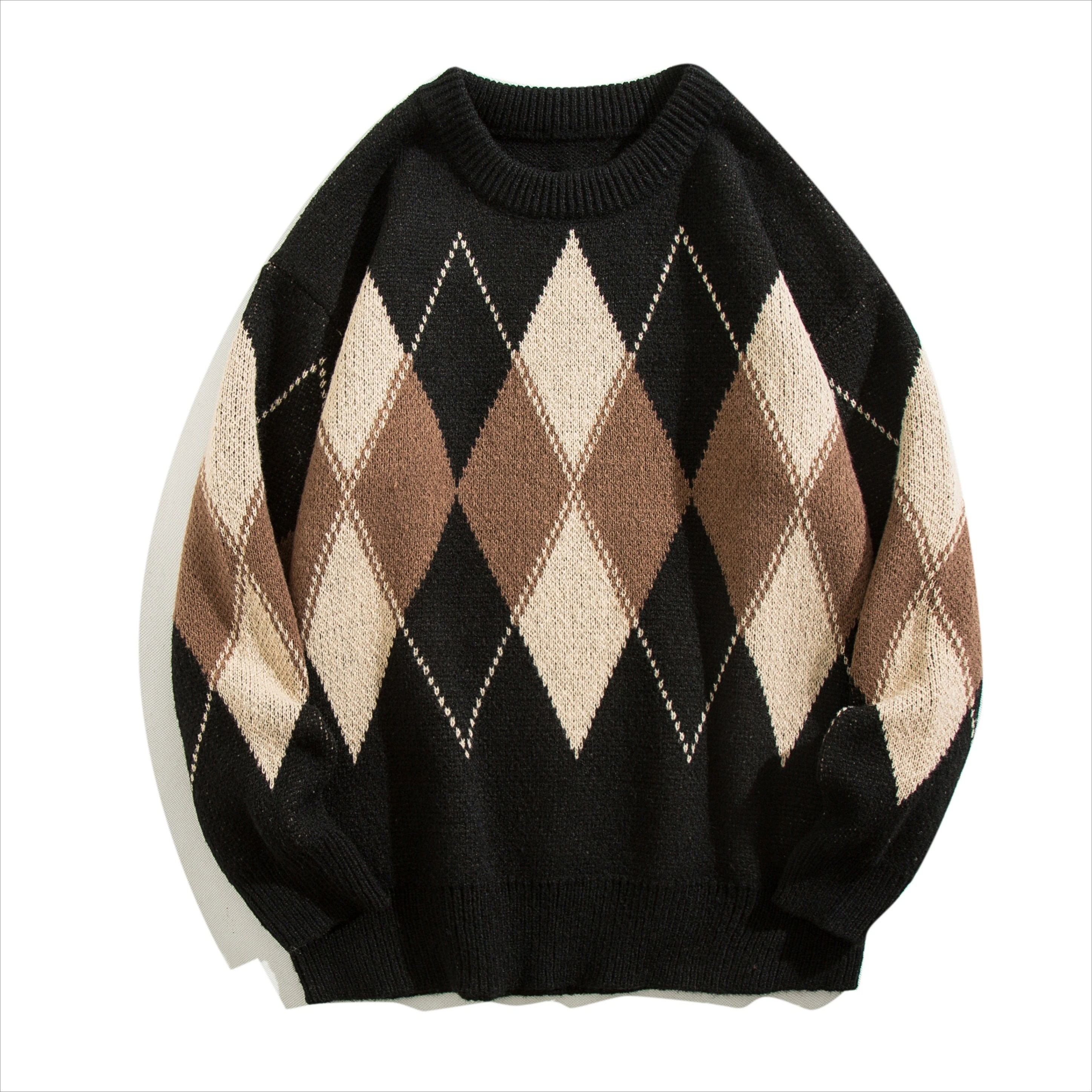 Men's Winter Knit Sweater Korean-Style Casual Retro Geometric-Pattern Sweater Black Warm Pullover S-3XL 2026 New